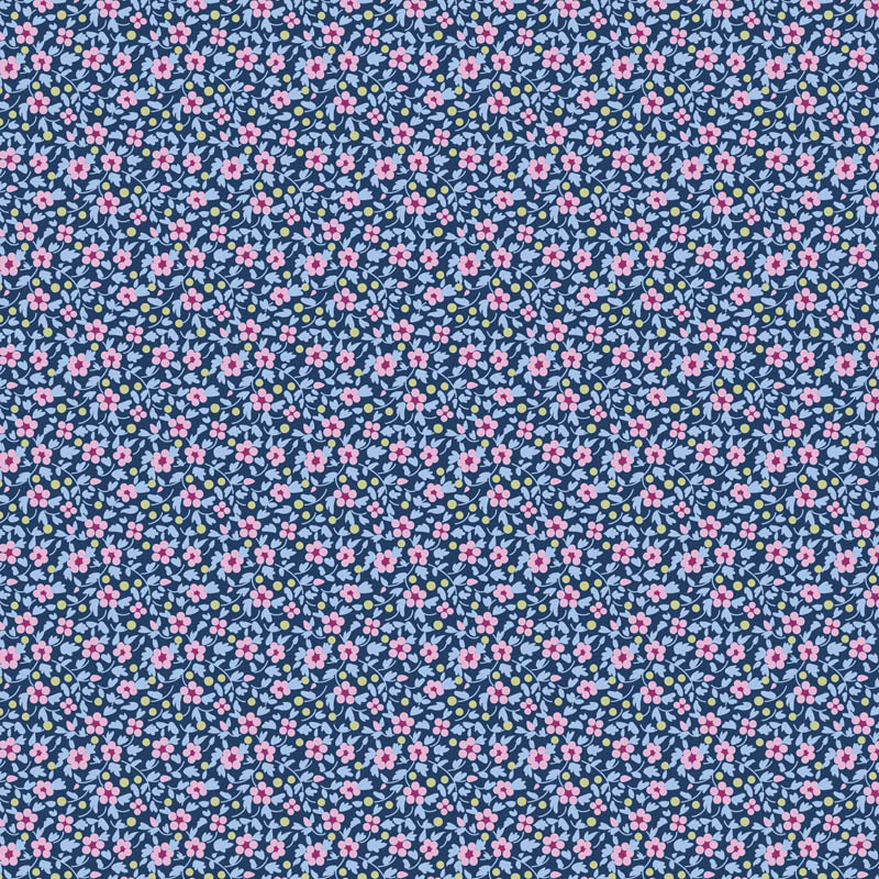 Pattern Denim from the  beloved Brie Basics collection by Tilda Fabrics the line features a delightful, small-scale micro-floral print with a distinctive Scandinavian and vintage aesthetic. Originating from Tilda's Creating Memories and Something Blue seasonal ranges, collection is 16 delicate, solid-like blenders. The collection features the identical ditsy floral pattern in 16 colorways, with the main design being tiny, sketched floral blooms scattered across various background colors.