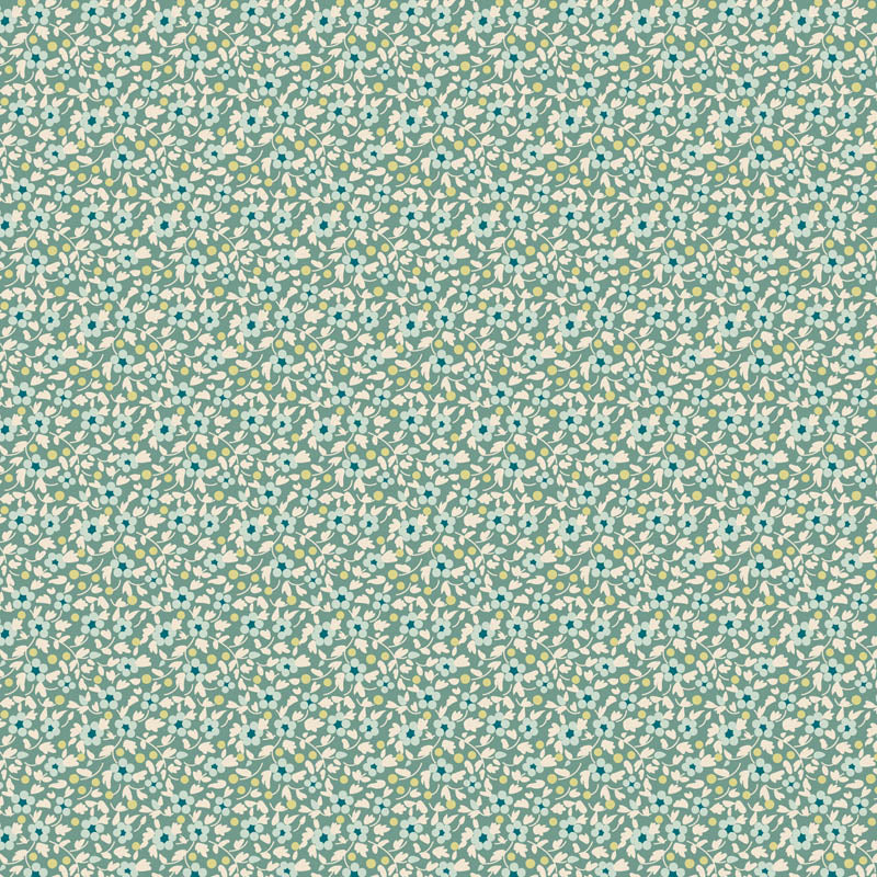 Pattern Teal from the  beloved Brie Basics collection by Tilda Fabrics the line features a delightful, small-scale micro-floral print with a distinctive Scandinavian and vintage aesthetic. Originating from Tilda's Creating Memories and Something Blue seasonal ranges, collection is 16 delicate, solid-like blenders. The collection features the identical ditsy floral pattern in 16 colorways, with the main design being tiny, sketched floral blooms scattered across various background colors.