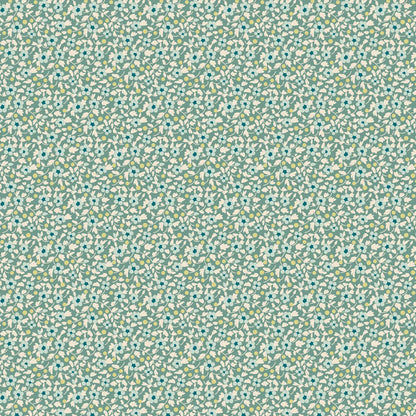 Pattern Teal from the  beloved Brie Basics collection by Tilda Fabrics the line features a delightful, small-scale micro-floral print with a distinctive Scandinavian and vintage aesthetic. Originating from Tilda's Creating Memories and Something Blue seasonal ranges, collection is 16 delicate, solid-like blenders. The collection features the identical ditsy floral pattern in 16 colorways, with the main design being tiny, sketched floral blooms scattered across various background colors.