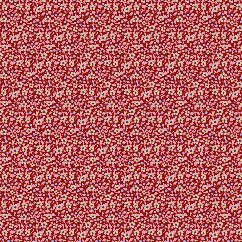 Pattern Burgundy from the  beloved Brie Basics collection by Tilda Fabrics the line features a delightful, small-scale micro-floral print with a distinctive Scandinavian and vintage aesthetic. Originating from Tilda's Creating Memories and Something Blue seasonal ranges, collection is 16 delicate, solid-like blenders. The collection features the identical ditsy floral pattern in 16 colorways, with the main design being tiny, sketched floral blooms scattered across various background colors.