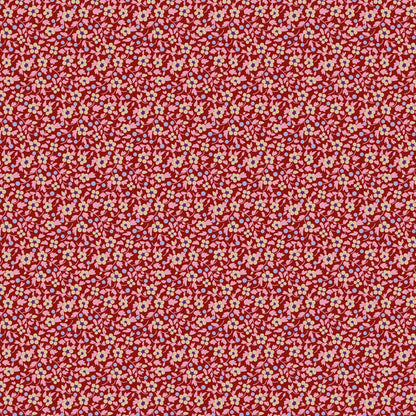 Pattern Burgundy from the  beloved Brie Basics collection by Tilda Fabrics the line features a delightful, small-scale micro-floral print with a distinctive Scandinavian and vintage aesthetic. Originating from Tilda's Creating Memories and Something Blue seasonal ranges, collection is 16 delicate, solid-like blenders. The collection features the identical ditsy floral pattern in 16 colorways, with the main design being tiny, sketched floral blooms scattered across various background colors.