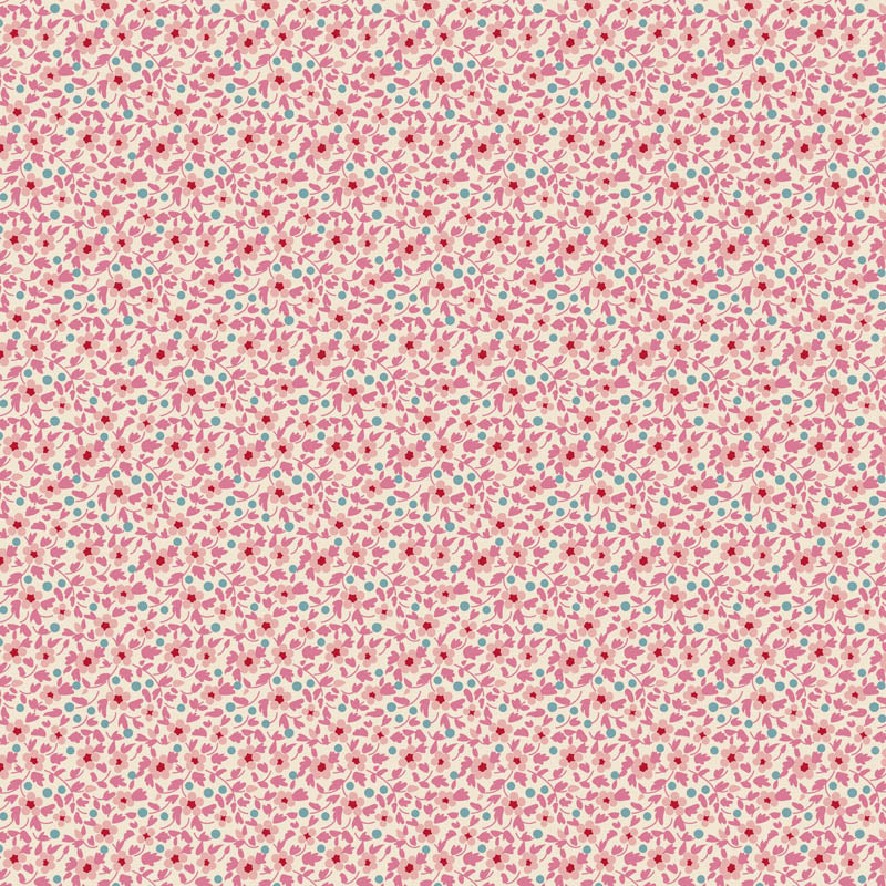 Pattern Pink from the  beloved Brie Basics collection by Tilda Fabrics the line features a delightful, small-scale micro-floral print with a distinctive Scandinavian and vintage aesthetic. Originating from Tilda's Creating Memories and Something Blue seasonal ranges, collection is 16 delicate, solid-like blenders. The collection features the identical ditsy floral pattern in 16 colorways, with the main design being tiny, sketched floral blooms scattered across various background colors.