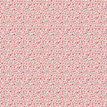 Pattern Pink from the  beloved Brie Basics collection by Tilda Fabrics the line features a delightful, small-scale micro-floral print with a distinctive Scandinavian and vintage aesthetic. Originating from Tilda's Creating Memories and Something Blue seasonal ranges, collection is 16 delicate, solid-like blenders. The collection features the identical ditsy floral pattern in 16 colorways, with the main design being tiny, sketched floral blooms scattered across various background colors.