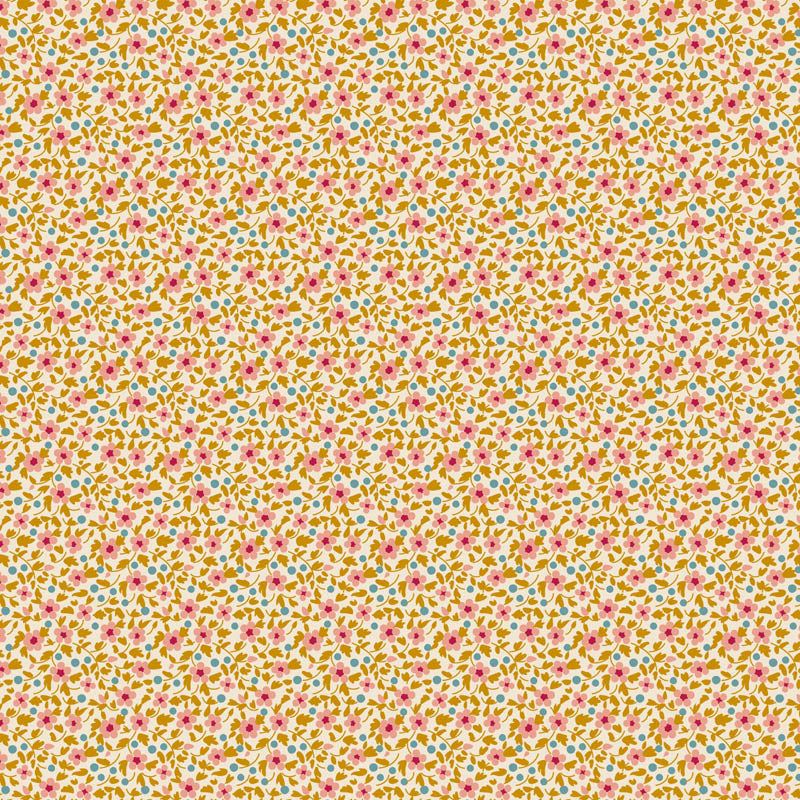 Pattern Mustard from the  beloved Brie Basics collection by Tilda Fabrics the line features a delightful, small-scale micro-floral print with a distinctive Scandinavian and vintage aesthetic. Originating from Tilda's Creating Memories and Something Blue seasonal ranges, collection is 16 delicate, solid-like blenders. The collection features the identical ditsy floral pattern in 16 colorways, with the main design being tiny, sketched floral blooms scattered across various background colors.