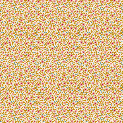 Pattern Mustard from the  beloved Brie Basics collection by Tilda Fabrics the line features a delightful, small-scale micro-floral print with a distinctive Scandinavian and vintage aesthetic. Originating from Tilda's Creating Memories and Something Blue seasonal ranges, collection is 16 delicate, solid-like blenders. The collection features the identical ditsy floral pattern in 16 colorways, with the main design being tiny, sketched floral blooms scattered across various background colors.