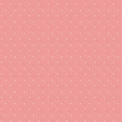 The Tilda Creating Memories Spring collection features this Tinydot Pink pattern which is  a dusty pink woven fabric with delicate white dots. This 100% cotton fabric is part of a "Seasonal Basics" line intended for vintage-style quilting, softies, and heirloom projects. 