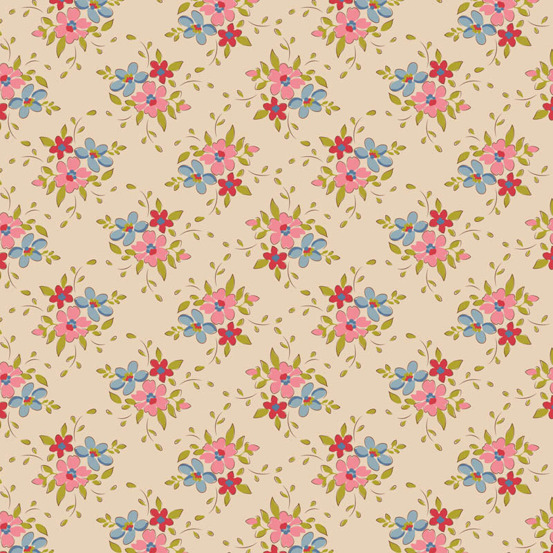 The Frida Pearl fabric is a key print within the Spring and Easter Pastels colorway of the Tilda Creating Memories  Spring collection released as a special edition in June 2024. this pattern has an organic floral pattern featuring small clusters of red, pink, and blue flowers with green leaf accents on a pearl-white (off-white) background.