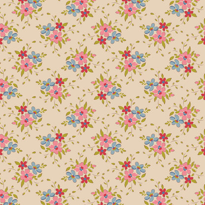 The Frida Pearl fabric is a key print within the Spring and Easter Pastels colorway of the Tilda Creating Memories  Spring collection released as a special edition in June 2024. this pattern has an organic floral pattern featuring small clusters of red, pink, and blue flowers with green leaf accents on a pearl-white (off-white) background.