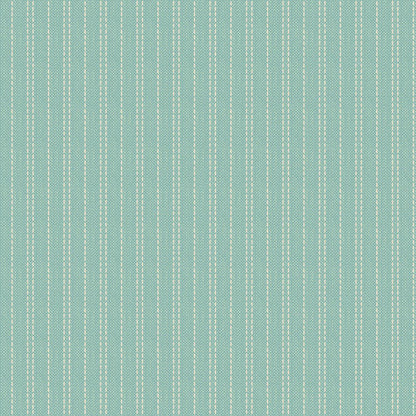 The Seamstripe in Teal is a 100% cotton woven fabric from the Spring and Easter Pastels colorway of Tilda’s Creating Memories Spring collection featuring white stitched-style stripes on a teal background. 