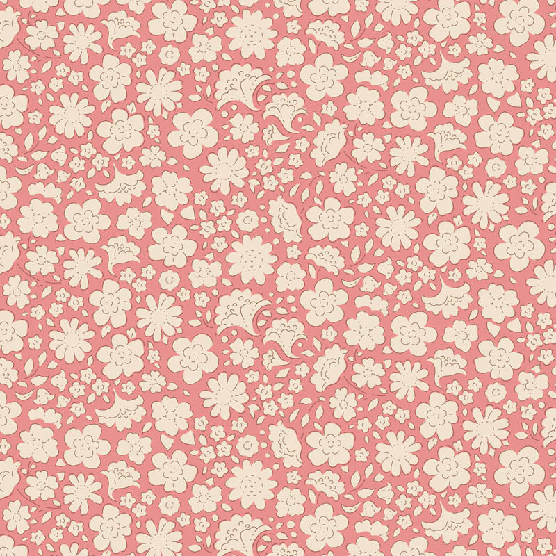 The Carla Pink fabric is a key print from Tilda Fabrics special edition Creating Memories Spring collection which includes a Spring and Easter Pastels color story. This particular design features a traditional floral motif of small white flowers set against a soft pink background. 
