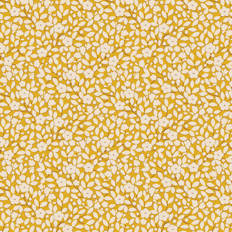 The Avery Yellow print is a standout design from the Spring and Easter Pastels color story in the Tilda Creating Memories Spring basics collection. This 100% cotton quilting fabric features a vintage-inspired calico look with small white flowers and leaves scattered across a rich yellow background