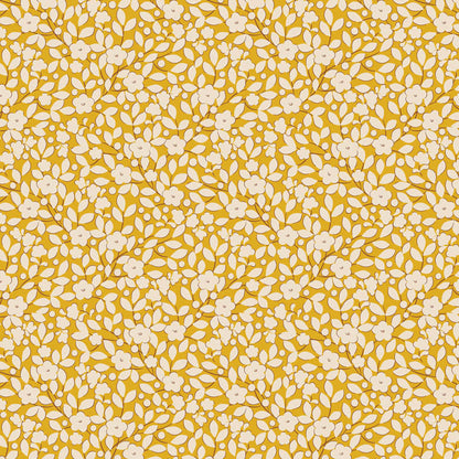 The Avery Yellow print is a standout design from the Spring and Easter Pastels color story in the Tilda Creating Memories Spring basics collection. This 100% cotton quilting fabric features a vintage-inspired calico look with small white flowers and leaves scattered across a rich yellow background