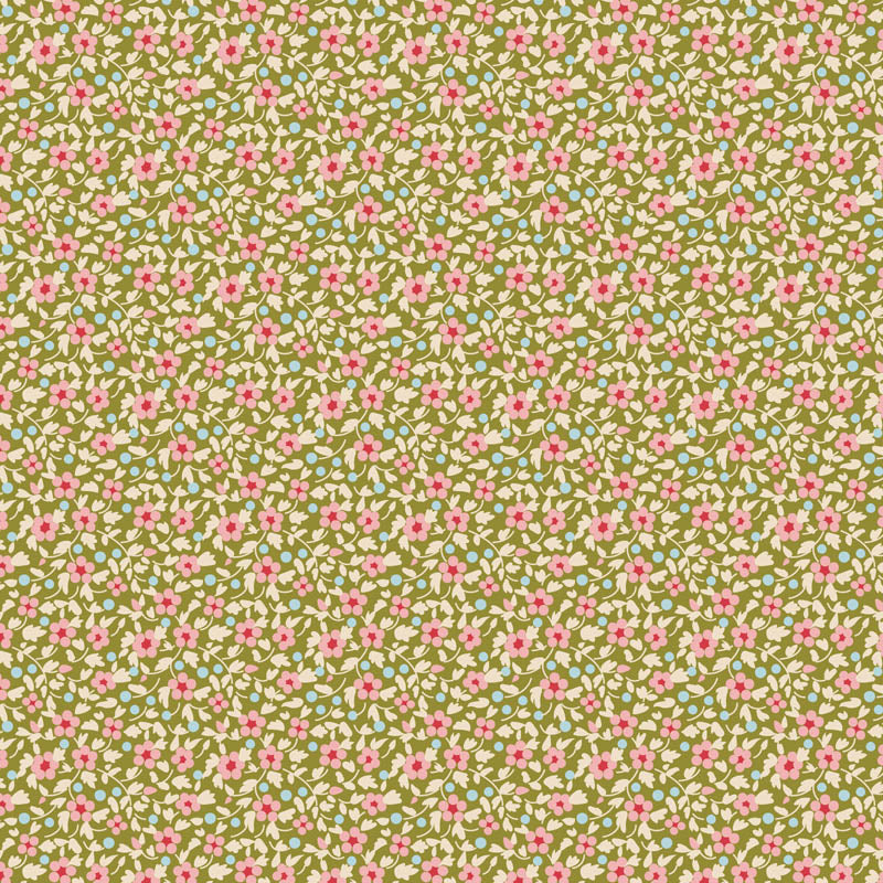 Brie Green is a key print within the Spring and Easter Pastels colorway of Tilda's Creating Memories Spring fabric collection. This print is a calming small-scale floral print described as a field of flowers with tiny pink blossoms, cream leaves, and blue berries scattered on a green background.