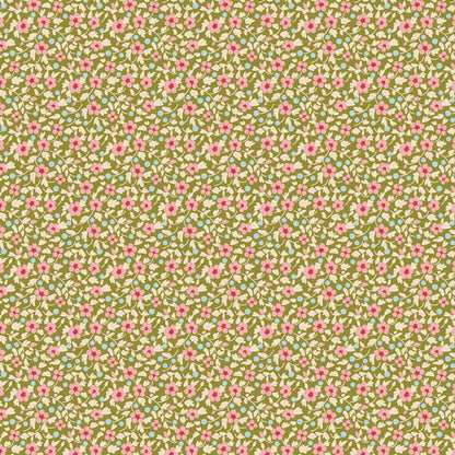 Brie Green is a key print within the Spring and Easter Pastels colorway of Tilda's Creating Memories Spring fabric collection. This print is a calming small-scale floral print described as a field of flowers with tiny pink blossoms, cream leaves, and blue berries scattered on a green background.
