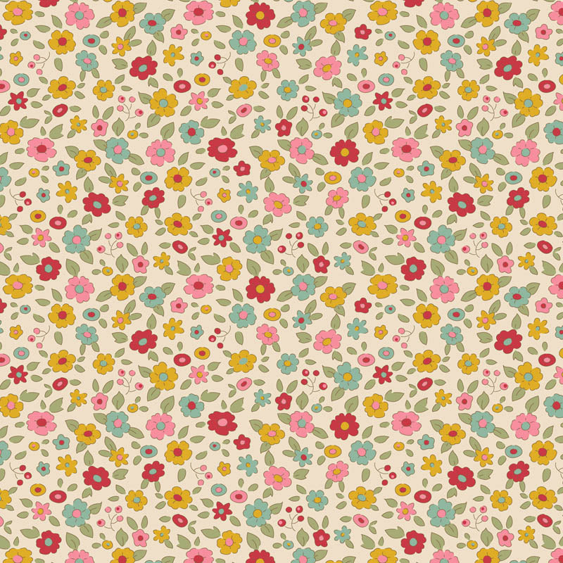 The Tilda Creating Memories Spring fabric collection pattern called Evie Dove White is a delicate 100% cotton print featuring multicolored ditsy flowers on a soft "dove white" background. This print belongs to the Spring and Easter Pastels colorway, which focuses on fresh yellows, greens, and pinks. 