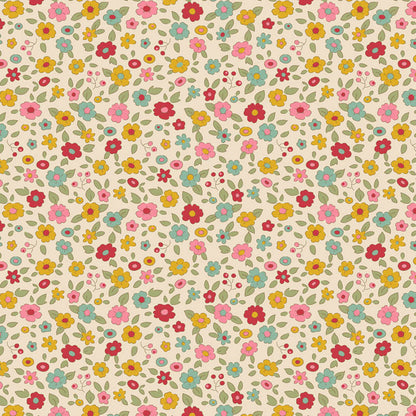 The Tilda Creating Memories Spring fabric collection pattern called Evie Dove White is a delicate 100% cotton print featuring multicolored ditsy flowers on a soft "dove white" background. This print belongs to the Spring and Easter Pastels colorway, which focuses on fresh yellows, greens, and pinks. 