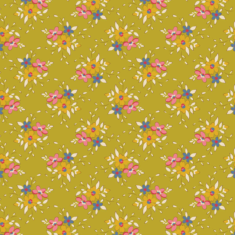The Frida Lime fabric is a key piece in the Spring and Easter Pastels color story from Tilda's Creating Memories Spring collection. This specific print features an organic pattern of pink, yellow, and blue flower clusters with cream leaf accents on a vibrant lime or pea-green background.