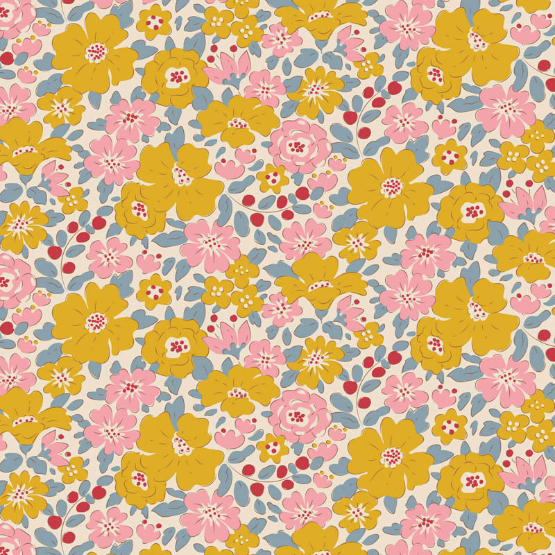 The Harper Yellow floral fabric is part of the Tilda Creating Memories Spring collection, a 2024 special edition release. This specific print features a ditsy wildflower pattern with small yellow and pink flowers, blue leaves, and rich red berries on a soft white background