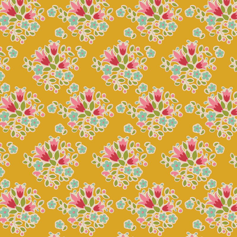 Lulu Yellow is a featured print from the Tilda Creating Memories Spring fabric collection. This specific print is a vintage floral theme featuring clustered bouquets of pink tulips and blue flowers (with red and aqua accents) and tiny pink berries set against a brilliant yellow background.