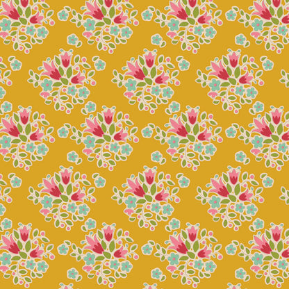 Lulu Yellow is a featured print from the Tilda Creating Memories Spring fabric collection. This specific print is a vintage floral theme featuring clustered bouquets of pink tulips and blue flowers (with red and aqua accents) and tiny pink berries set against a brilliant yellow background.