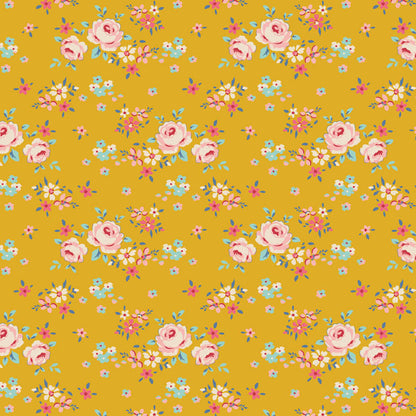 The Gracie Yellow pattern is a key print from the Tilda Creating Memories Spring collection. A charming floral print featuring clusters of small pink roses and aqua flowers. Background is a  bright, warm golden yellow.