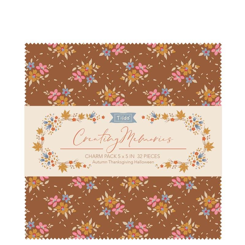 Tilda''s Creating Memories Collection AUTUMN  5" Charm pack includes 32 pieces ( 2 of each pattern) 5 in x 5 in fabric pieces of the collection 100% cotton prints and wovens. The Autumn, Thanksgiving, Halloween color theme contains an array of ginger, saffron, brown and rust-colored fabrics with a hint of blue-grey, khaki and toffee. In addition to autumnal projects, this collection can of course also be useful all year around for any project where a warm color palette is needed.