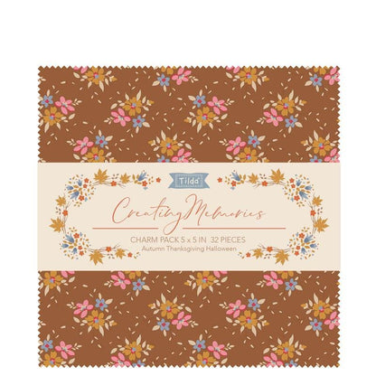 Tilda''s Creating Memories Collection AUTUMN  5" Charm pack includes 32 pieces ( 2 of each pattern) 5 in x 5 in fabric pieces of the collection 100% cotton prints and wovens. The Autumn, Thanksgiving, Halloween color theme contains an array of ginger, saffron, brown and rust-colored fabrics with a hint of blue-grey, khaki and toffee. In addition to autumnal projects, this collection can of course also be useful all year around for any project where a warm color palette is needed.
