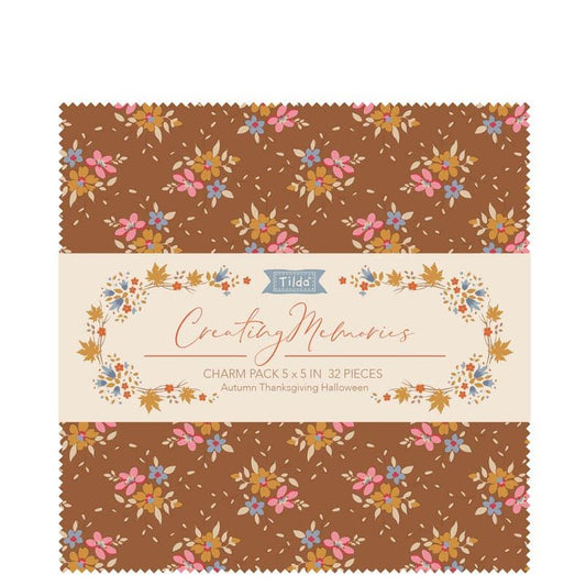 Tilda''s Creating Memories Collection AUTUMN  5" Charm pack includes 32 pieces ( 2 of each pattern) 5 in x 5 in fabric pieces of the collection 100% cotton prints and wovens. The Autumn, Thanksgiving, Halloween color theme contains an array of ginger, saffron, brown and rust-colored fabrics with a hint of blue-grey, khaki and toffee. In addition to autumnal projects, this collection can of course also be useful all year around for any project where a warm color palette is needed.