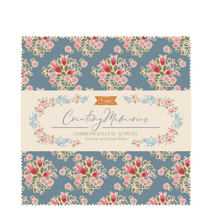 Tilda''s Creating Memories Collection SUMMER 5" Charm Pack includes 32 pieces (each pattern twice), 100% cotton prints and wovens. The Summer and Ocean Blues prints contain an array of blue fabrics. In addition to Summer projects, this collection can be used all year around for any project.