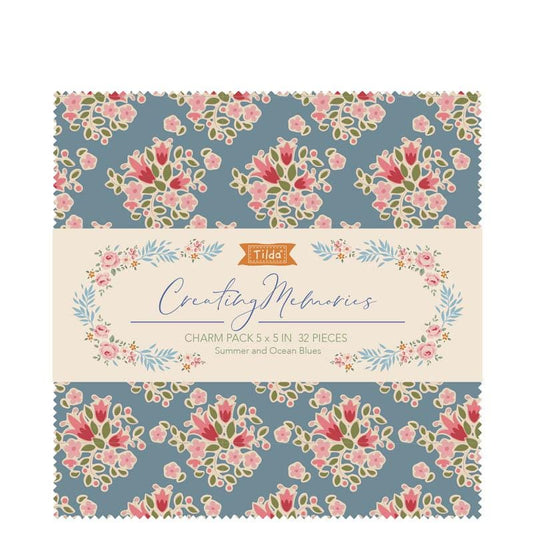 Tilda''s Creating Memories Collection SUMMER 5" Charm Pack includes 32 pieces (each pattern twice), 100% cotton prints and wovens. The Summer and Ocean Blues prints contain an array of blue fabrics. In addition to Summer projects, this collection can be used all year around for any project.