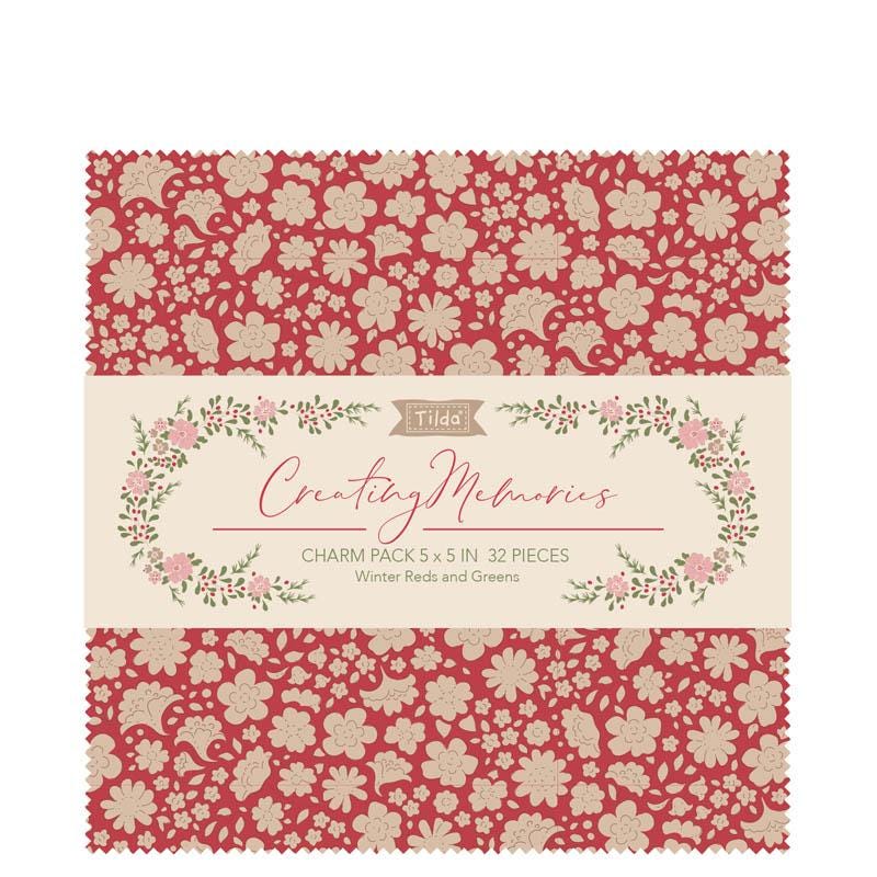 Tilda''s Creating Memories Collection Winter 5" charm pack includes 32 ( 2 of each pattern) 5 x 5 fabric pieces of the collection 100% cotton prints and wovens. The Winter Reds and Greens colorway contains an array of red fabrics combined with hints of green. In addition to Winter projects, this collection can of course also be useful all year round for any project.