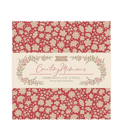 Tilda''s Creating Memories Collection Winter 5" charm pack includes 32 ( 2 of each pattern) 5 x 5 fabric pieces of the collection 100% cotton prints and wovens. The Winter Reds and Greens colorway contains an array of red fabrics combined with hints of green. In addition to Winter projects, this collection can of course also be useful all year round for any project.