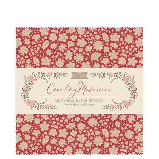 Tilda''s Creating Memories Collection Winter 5" charm pack includes 32 ( 2 of each pattern) 5 x 5 fabric pieces of the collection 100% cotton prints and wovens. The Winter Reds and Greens colorway contains an array of red fabrics combined with hints of green. In addition to Winter projects, this collection can of course also be useful all year round for any project.