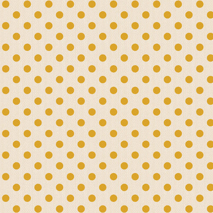 The Tilda Fabric collection Creating Memories Spring, features the Polkadot Yellow print as a key seasonal basic. This fabric is a 100% cotton woven with small yellow polka dots set against a cream or off-white background, offering a soft, rustic texture. 