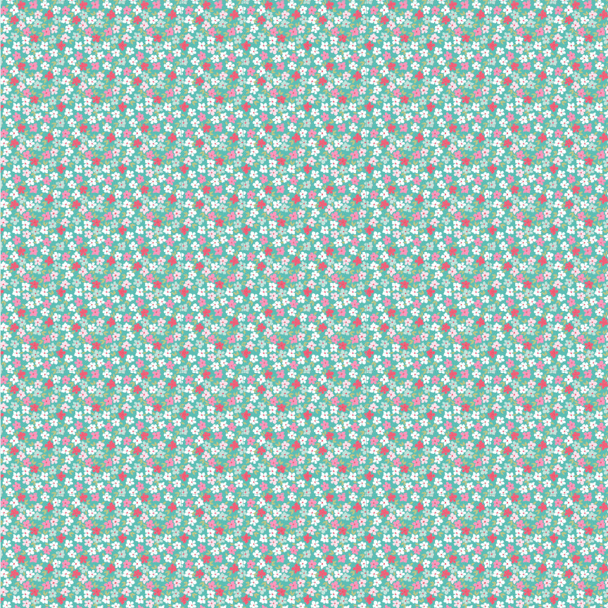 fabric pattern Wild Phlox: A beautiful, flirty floral design. Available in Aqua, Pink, and Red colorways from the The Smitten Chicken collection by Lori Woods for Poppie Cotton is a cheerful, countryside-inspired fabric line. It features a lively color palette of red, pink, aqua, and white. It is ideal for quilts, kitchen projects, tea towels, and aprons