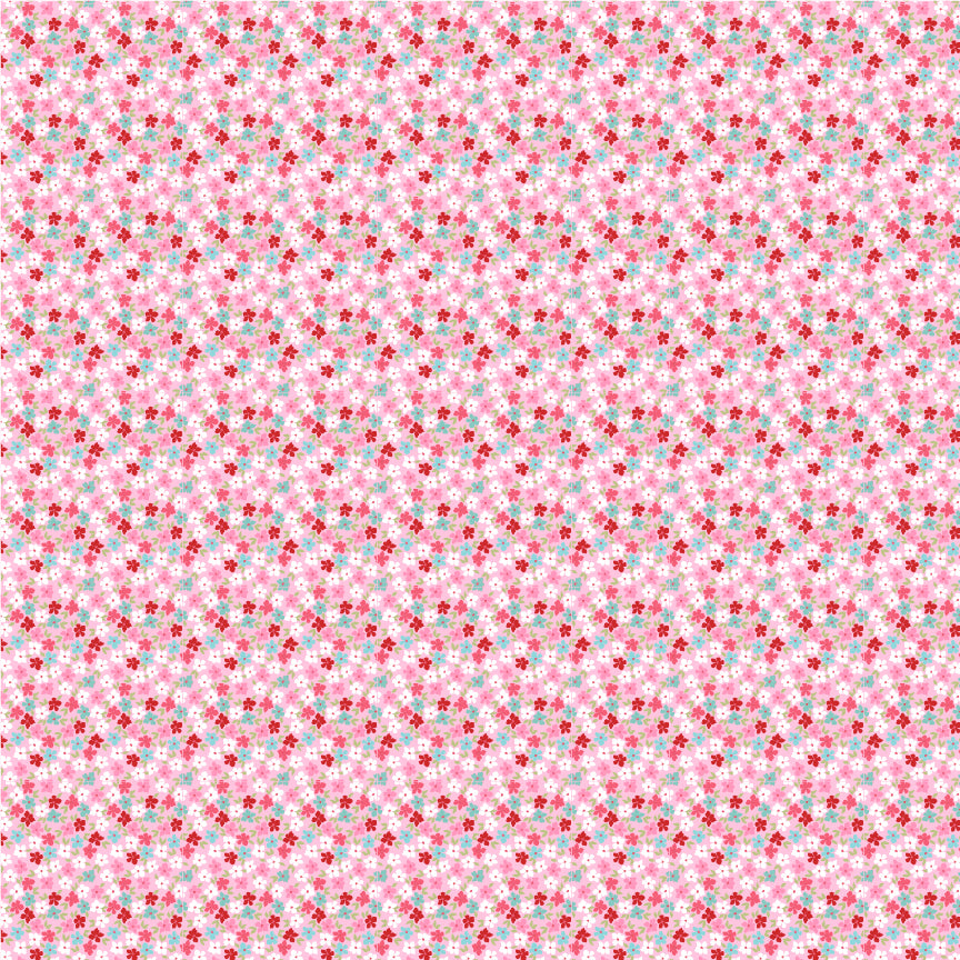 fabric pattern Wild Phlox: A beautiful, flirty floral design. Available in Aqua, Pink, and Red colorways from the The Smitten Chicken collection by Lori Woods for Poppie Cotton is a cheerful, countryside-inspired fabric line. It features a lively color palette of red, pink, aqua, and white. It is ideal for quilts, kitchen projects, tea towels, and aprons