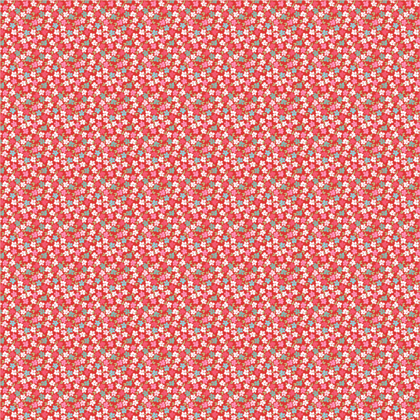 fabric pattern Wild Phlox: A beautiful, flirty floral design. Available in Aqua, Pink, and Red colorways from the The Smitten Chicken collection by Lori Woods for Poppie Cotton is a cheerful, countryside-inspired fabric line. It features a lively color palette of red, pink, aqua, and white. It is ideal for quilts, kitchen projects, tea towels, and aprons