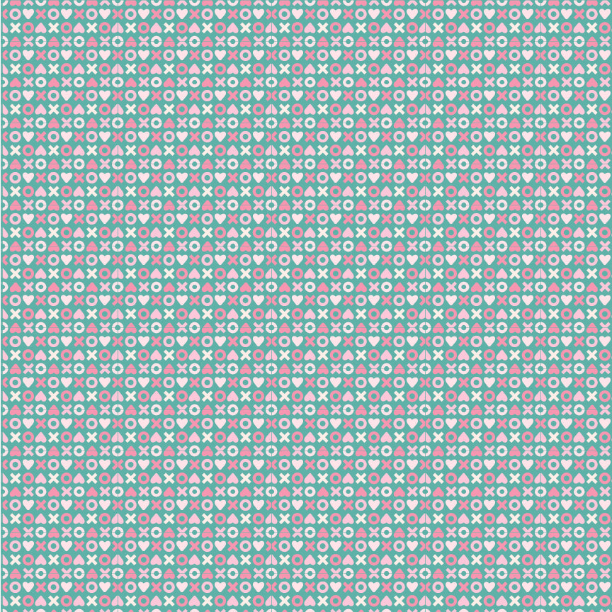 fabric pattern The XOXO Pattern features a charming, repeating typographic or geometric design of X's (for hugs) and O's (for kisses), perfectly capturing the "smitten" and romantic-vintage vibe of the The Smitten Chicken collection by Lori Woods for Poppie Cotton is a cheerful, countryside-inspired fabric line. It features a lively color palette of red, pink, aqua, and white. It is ideal for quilts, kitchen projects, tea towels, and aprons