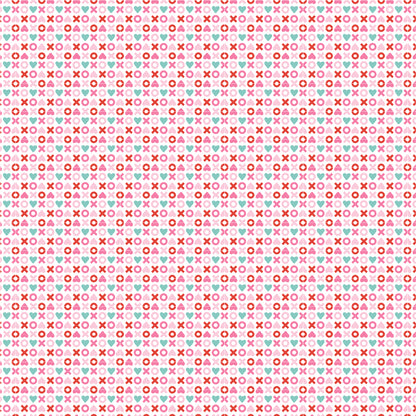 fabric pattern The XOXO Pattern features a charming, repeating typographic or geometric design of X's (for hugs) and O's (for kisses), perfectly capturing the "smitten" and romantic-vintage vibe of the The Smitten Chicken collection by Lori Woods for Poppie Cotton is a cheerful, countryside-inspired fabric line. It features a lively color palette of red, pink, aqua, and white. It is ideal for quilts, kitchen projects, tea towels, and aprons