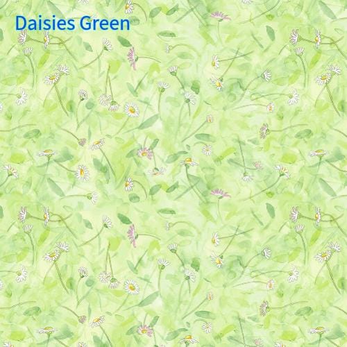 Pattern of daisies on a green background with 'Daisies Green' text.