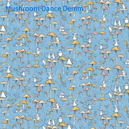 Patterned fabric with mushrooms and animals on a blue background, labeled 'Mushroom Dance Denim'.