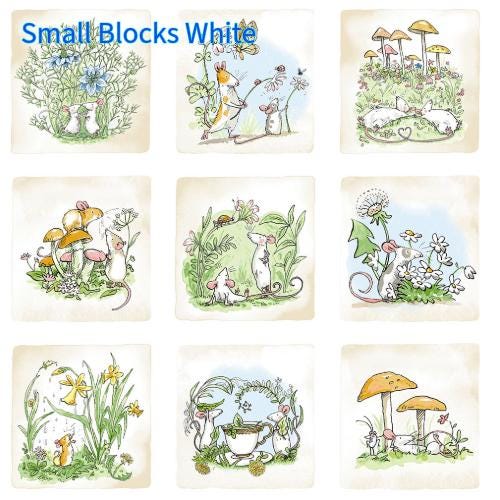 Cotton fabric with  illustrations featuring  baby mice playing in a meadow with flowers and mushrooms on a white background.