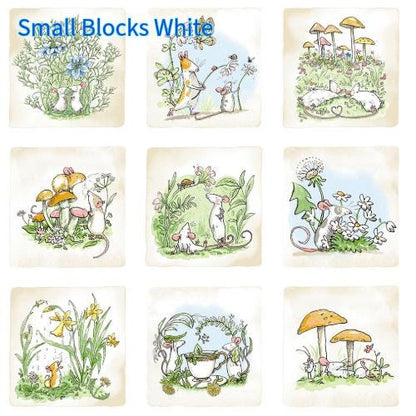 Cotton fabric with  illustrations featuring  baby mice playing in a meadow with flowers and mushrooms on a white background.