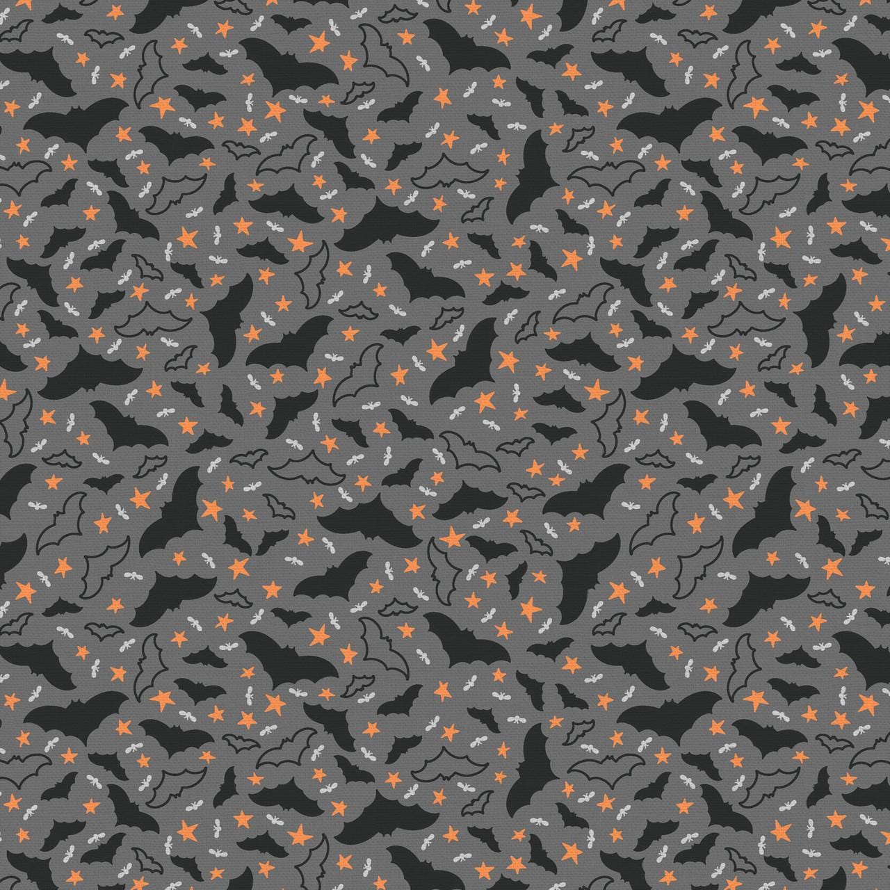 Tricks and Treat 100 cotton fabric collection, this pattern is Bats and Bugs: A patterned print featuring flying bats and small bugs, often with a dark grey background. The collection is designed in a style that is "spooky but sweet" and is printed on 100% premium cotton, making it suitable for quilts and crafty Halloween projects.