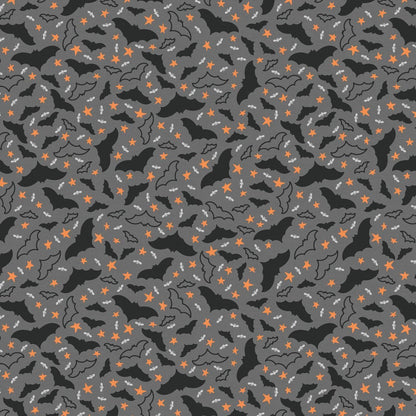 Tricks and Treat 100 cotton fabric collection, this pattern is Bats and Bugs: A patterned print featuring flying bats and small bugs, often with a dark grey background. The collection is designed in a style that is "spooky but sweet" and is printed on 100% premium cotton, making it suitable for quilts and crafty Halloween projects.