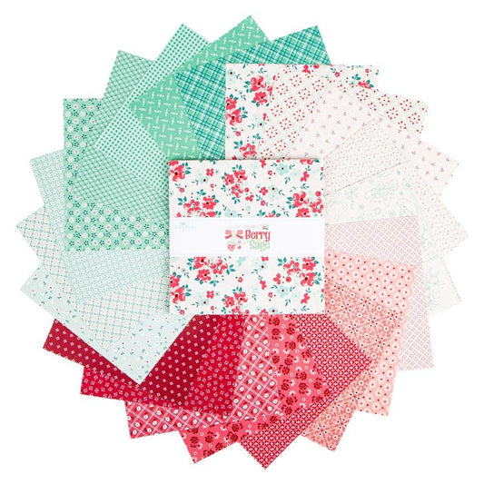 The Berry & Sage fabric collection by Lori Holt of Bee in My Bonnet for Riley Blake Designs is a vintage-inspired line characterized by a color palette of coral, tea rose, cherry, alpine, latte, and sage. The collection features a mix of delicate florals, calicos, geometrics, and plaids - 10" Stacker 42 pieces