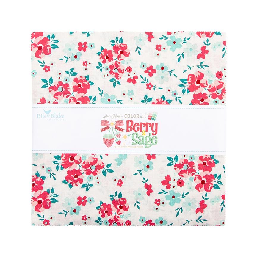 The Berry & Sage fabric collection by Lori Holt of Bee in My Bonnet for Riley Blake Designs is a vintage-inspired line characterized by a color palette of coral, tea rose, cherry, alpine, latte, and sage. The collection features a mix of delicate florals, calicos, geometrics, and plaids - 10" Stacker 42 pieces