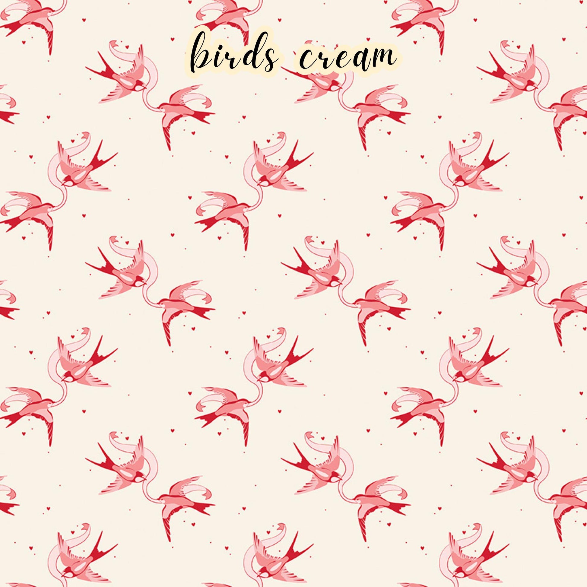 fabric collection Letters to Cupid, 100% cotton, the birds Cream pattern is a pair of red and pink love birds with a ribbon on a creme background 