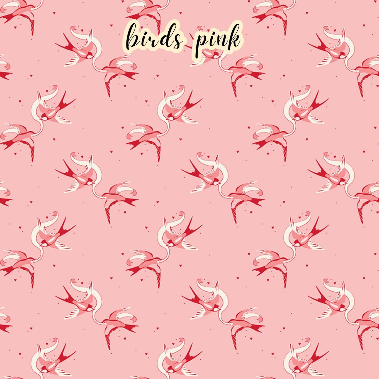 fabric collection Letters to Cupid, 100% cotton the birds Cream pattern is a pair of red and pink love birds with a ribbon on a pink background 