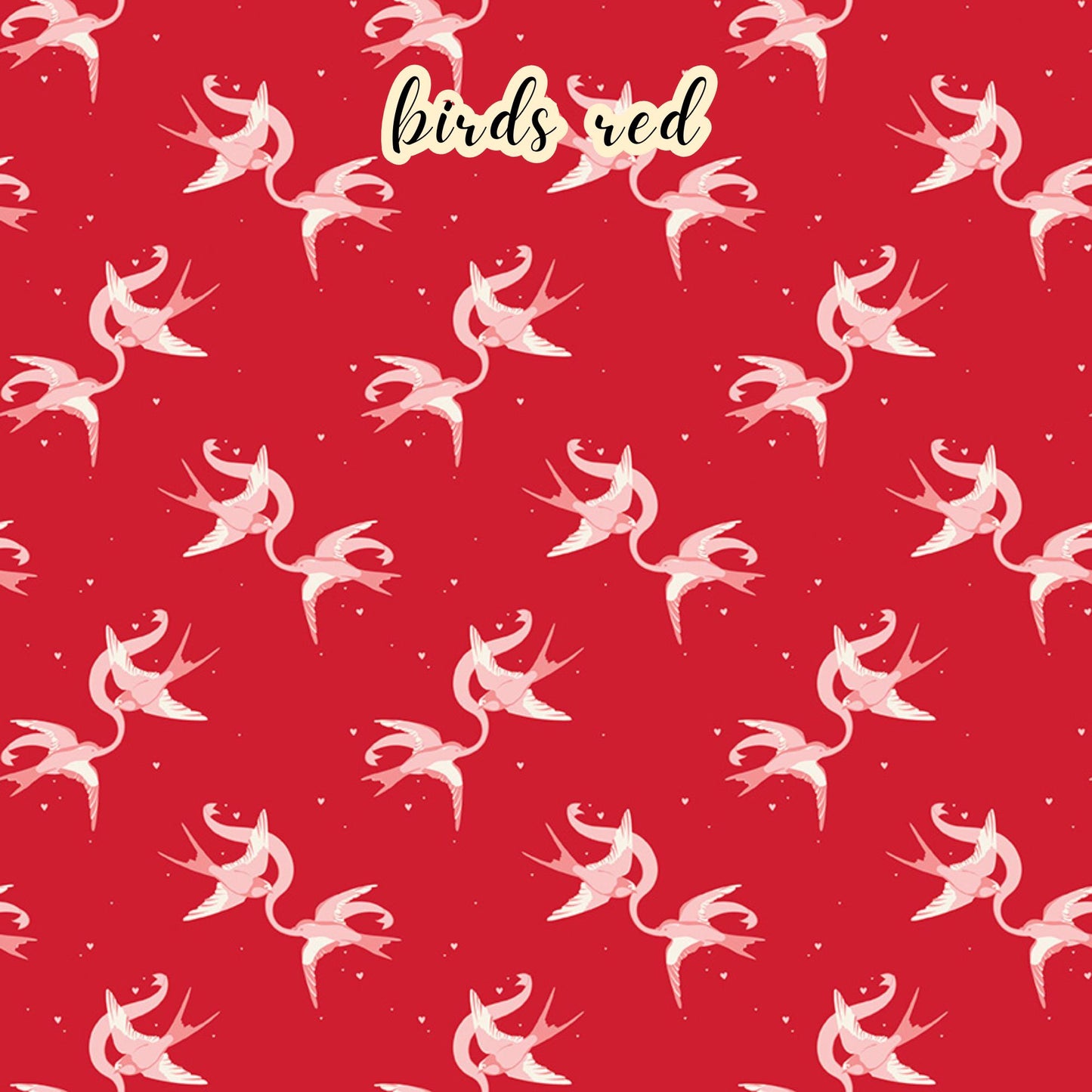 fabric collection Letters to Cupid, 100% cotton, the birds Cream pattern is a pair of white and pink love birds with a ribbon on a red background 